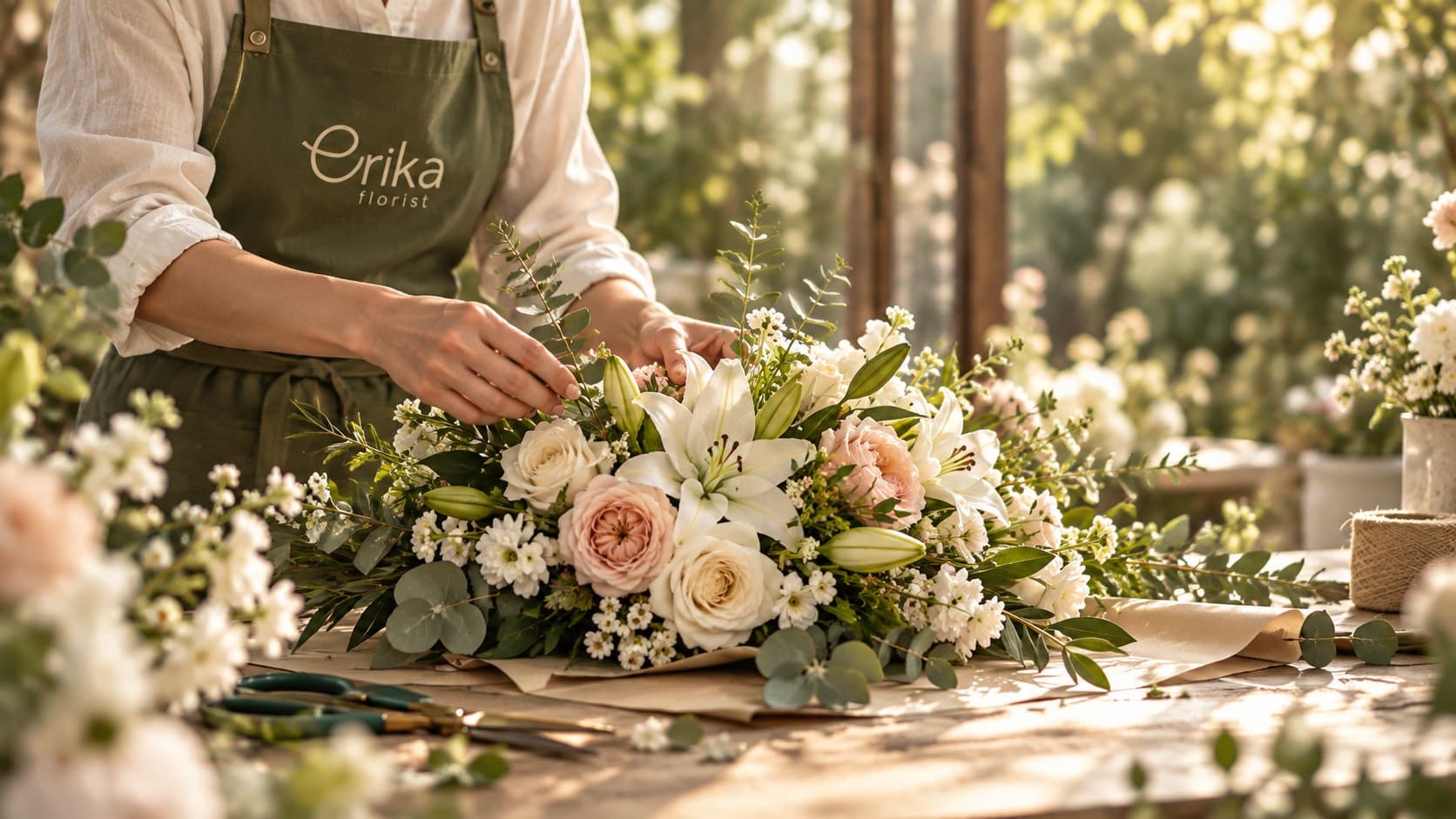 گل‌آرای اریکا در حال طراحی دسته گل